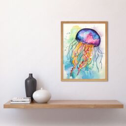 "Artery8 Wall Art Print Jellyfish Swimming Folk Art Watercolour Painting Art Framed in Light Oak - Size: W12"" x H16""" - thumbnail 2