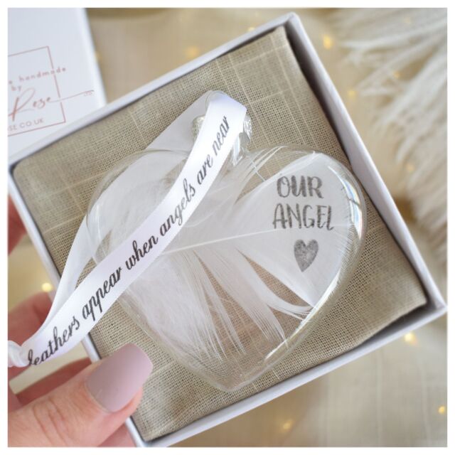 Amaya Rose Ltd OUR ANGEL In Memory of Feather Heart Bauble Gift Boxed in Clear
