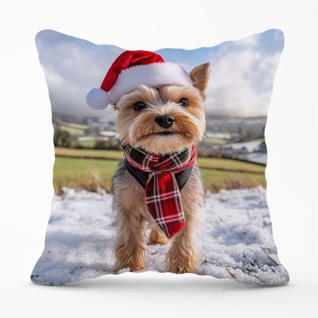 Warren Reed - Designer Snowy Christmas Yorkshire Terrier Cushion in Brown - Size: 45 cm x 45 cm - image 1