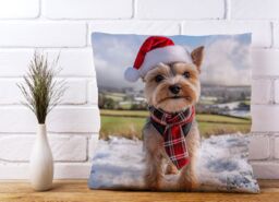 Warren Reed - Designer Snowy Christmas Yorkshire Terrier Cushion in Brown - Size: 45 cm x 45 cm - thumbnail 2