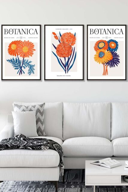 ARTZE Set of 3 Black Framed Bright Orange & Blue Flower Market Wall Art - Size: W33 cm x H45 cm x D20mm - image 1