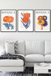 ARTZE Set of 3 Black Framed Bright Orange & Blue Flower Market Wall Art - Size: W33 cm x H45 cm x D20mm - thumbnail 1