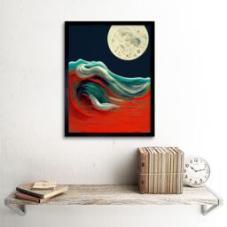 "Artery8 Wall Art Print Full Moon on Red Ocean Waves Swirl Abstract Painting Art Framed in Black - Size: W12"" x H16""" - thumbnail 2