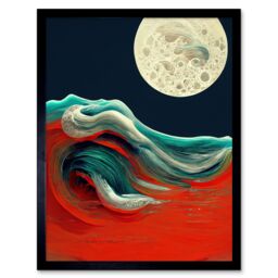 "Artery8 Wall Art Print Full Moon on Red Ocean Waves Swirl Abstract Painting Art Framed in Black - Size: W12"" x H16""" - thumbnail 1