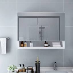 Berkfield Home LED Bathroom Mirror Cabinet White 80x15x60 cm MDF - Size: 80 x 15 x 60 cm - thumbnail 2