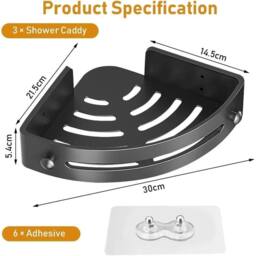 VOGREX 3Pcs Self Adhesive Corner Shower Caddy Bathroom Organiser Rack in Black - thumbnail 2