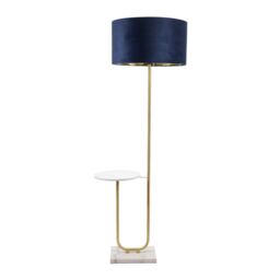 ValueLights Tavel Gold Floor Lamp with Table & Velvet Drum & Gold Inner Lamp Shade & Bulb in Dark Navy - thumbnail 2