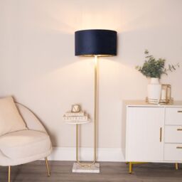 ValueLights Tavel Gold Floor Lamp with Table & Velvet Drum & Gold Inner Lamp Shade & Bulb in Dark Navy