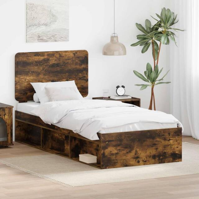 Berkfield Home Bed Frame with Headboard Smoked Oak 90 x 200 cm Solid Pine Wood in Brown - image 1