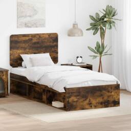 Berkfield Home Bed Frame with Headboard Smoked Oak 90 x 200 cm Solid Pine Wood in Brown - thumbnail 1