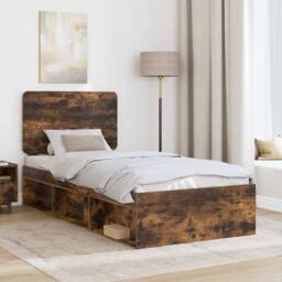 Berkfield Home Bed Frame with Headboard Smoked Oak 90 x 200 cm Solid Pine Wood in Brown - thumbnail 3