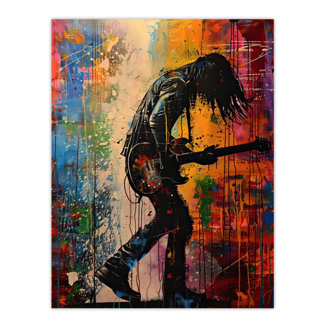 "Artery8 Grunge Rock Music Guitarist Colourful Portrait Wall Art Print - Size: W12"" x H16""" - image 1