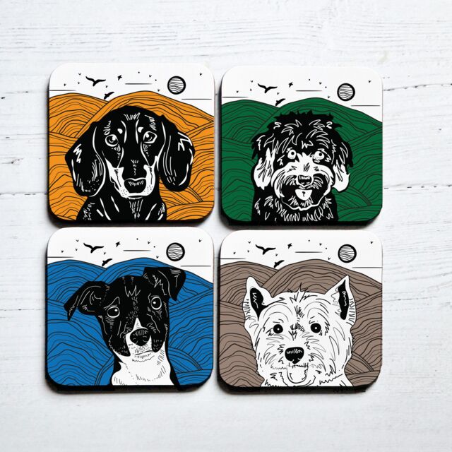 Afewhometruths Cute Dog Gift: Set of Four Linocut Coasters with Sausage Dog, Cavapoo, Jack Russell & Westie Designs in White - image 1