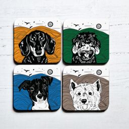 Afewhometruths Cute Dog Gift: Set of Four Linocut Coasters with Sausage Dog, Cavapoo, Jack Russell & Westie Designs in White - thumbnail 1