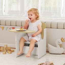 AIYAPLAY Kids Table & Chair Set, Toddler Desk Chair with Storage Bins in White - thumbnail 1