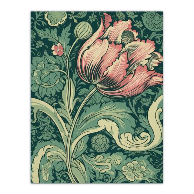 Artery8 Wall Art Print Single Tulip Flower Art Nouveau Painting Pastel Colour Teal Blue Pink William Morris Style Spring Bloom Colourful Bright - image 1