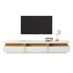 ModernLuxe Luxury TV cabinet with faux marble top, gold panel & 3 drawers in White - thumbnail 4