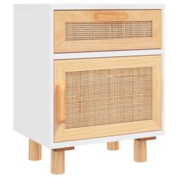 Berkfield Home Decorative Bedside Cabinet White Solid Wood Pine & Natural Rattan - thumbnail 3