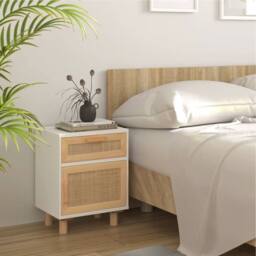 Berkfield Home Decorative Bedside Cabinet White Solid Wood Pine & Natural Rattan - thumbnail 2