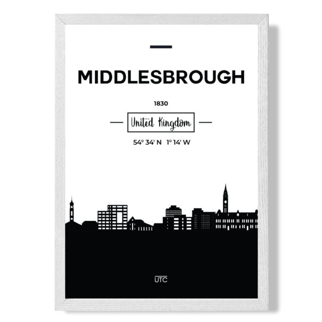 ARTZE Middlesbrough Black & White City Skyline Framed Print SIZE: A2 with White Frame - Size: A4 - image 1