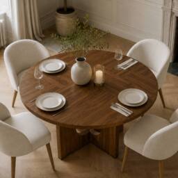 Merax Round Mid-Century Modern Farmhouse Pedestal Dining Table for 4 to 6 in Walnut
