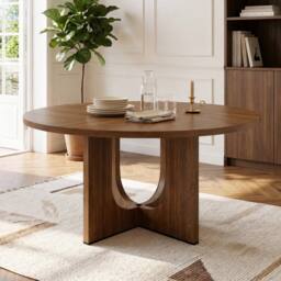 Merax Round Mid-Century Modern Farmhouse Pedestal Dining Table for 4 to 6 in Walnut - thumbnail 4
