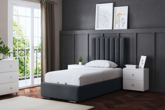 DS Living Evangaline Steel Panel Ottoman Bed with Headboard in Grey - Size: Double - image 1