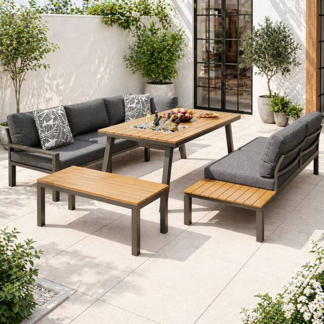 Merax Grey Garden Lounge Furniture Set with Ice Bucket Table & Bench
