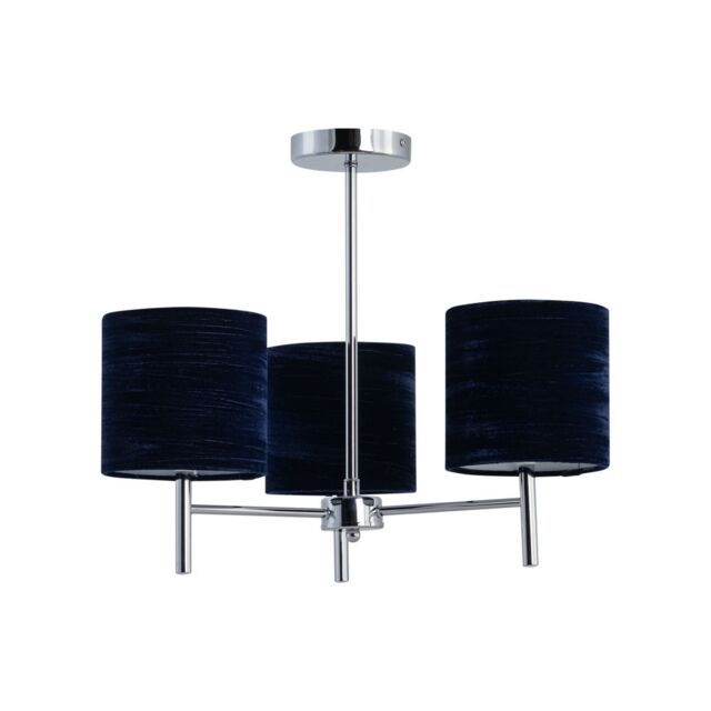 First Choice Lighting Brea - Chrome 3 Light Fitting with Navy Blue Crushed Velvet Shades in Silver - image 1