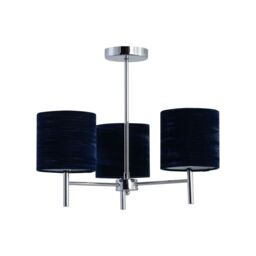 First Choice Lighting Brea - Chrome 3 Light Fitting with Navy Blue Crushed Velvet Shades in Silver