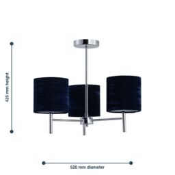 First Choice Lighting Brea - Chrome 3 Light Fitting with Navy Blue Crushed Velvet Shades in Silver - thumbnail 5