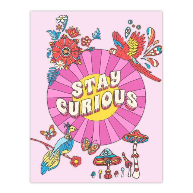 "Wee Blue Coo Wall Art Print Stay Curious Quote Affirmations Colourful Kids Room Poster in Pink - Size: W18"" x H24"""