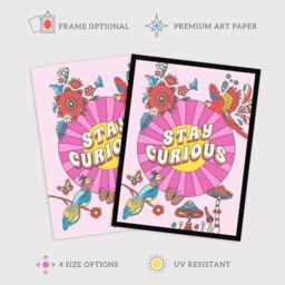 "Wee Blue Coo Wall Art Print Stay Curious Quote Affirmations Colourful Kids Room Poster in Pink - Size: W18"" x H24""" - thumbnail 2