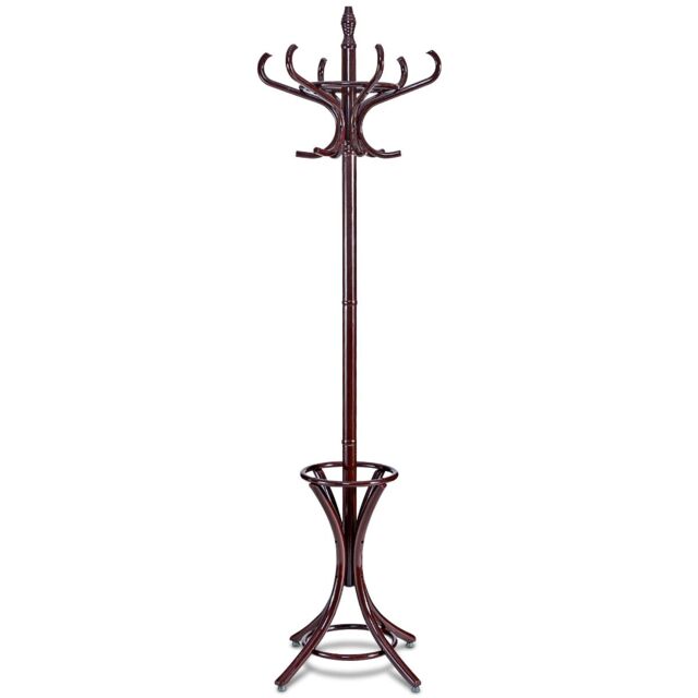 Costway Floor Standing Coat Jacket Stand Solid Wood Hanger with Umbrella Rack in Dark Brown - image 1