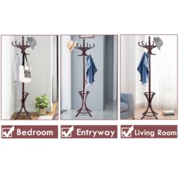 Costway Floor Standing Coat Jacket Stand Solid Wood Hanger with Umbrella Rack in Dark Brown - thumbnail 4