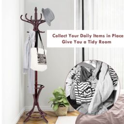 Costway Floor Standing Coat Jacket Stand Solid Wood Hanger with Umbrella Rack in Dark Brown - thumbnail 2