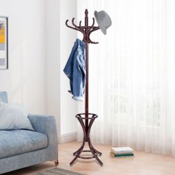 Costway Floor Standing Coat Jacket Stand Solid Wood Hanger with Umbrella Rack in Dark Brown - thumbnail 6