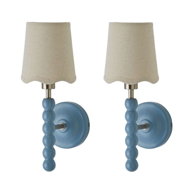 ValueLights Bobbins Pair of Pastel Wall Lights & Natural Linen Trim Lamp Shades in Pale Blue - image 1
