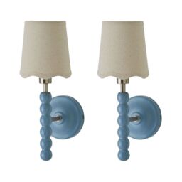 ValueLights Bobbins Pair of Pastel Wall Lights & Natural Linen Trim Lamp Shades in Pale Blue - thumbnail 1