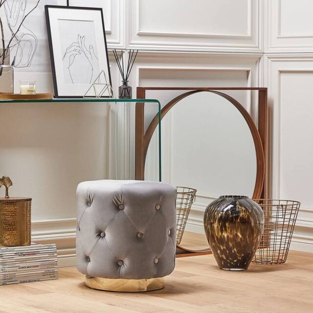 Wyld and Coco Tufted Grey Velvet Pouffe 40 x 41 cm Gold Base - image 1