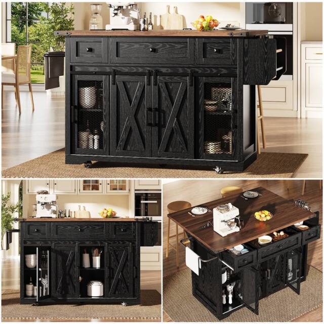 BTM Kitchen Island Trolley Extendable Worktop Power Outlet Storage in Black - image 1