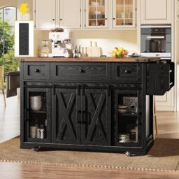 BTM Kitchen Island Trolley Extendable Worktop Power Outlet Storage in Black - thumbnail 6