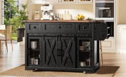 BTM Kitchen Island Trolley Extendable Worktop Power Outlet Storage in Black - thumbnail 2