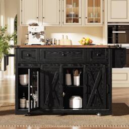 BTM Kitchen Island Trolley Extendable Worktop Power Outlet Storage in Black - thumbnail 4