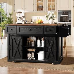 BTM Kitchen Island Trolley Extendable Worktop Power Outlet Storage in Black - thumbnail 5