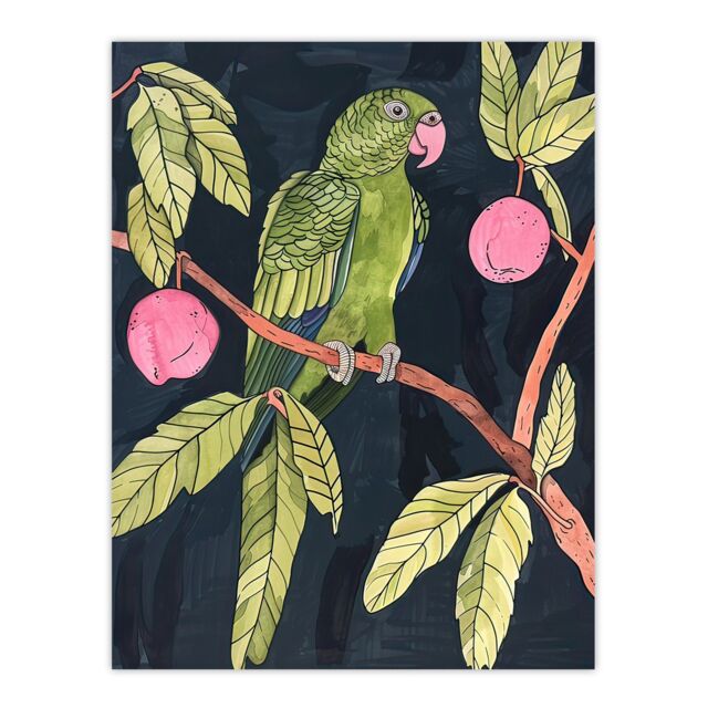 "Artery8 Green Parakeet Parrot on Plum Fruit Tree Branch Wall Art Print - Size: W24"" x H32""" - image 1