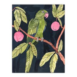 "Artery8 Green Parakeet Parrot on Plum Fruit Tree Branch Wall Art Print - Size: W24"" x H32""" - thumbnail 1