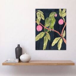 "Artery8 Green Parakeet Parrot on Plum Fruit Tree Branch Wall Art Print - Size: W24"" x H32""" - thumbnail 4