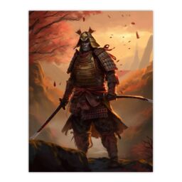 Artery8 Wall Art Print Fierce Samurai Warrior Concept Painting Warrior in O-yoroi Armour Prepared for Battle at Sunrise in Autumn Forest Landscape - thumbnail 1
