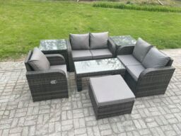 Fimous Rattan Outdoor Garden Furniture Sofa Set Patio Table & Chairs Set with Big Footstool 2 Side Tables Dark Grey Mixed - thumbnail 2